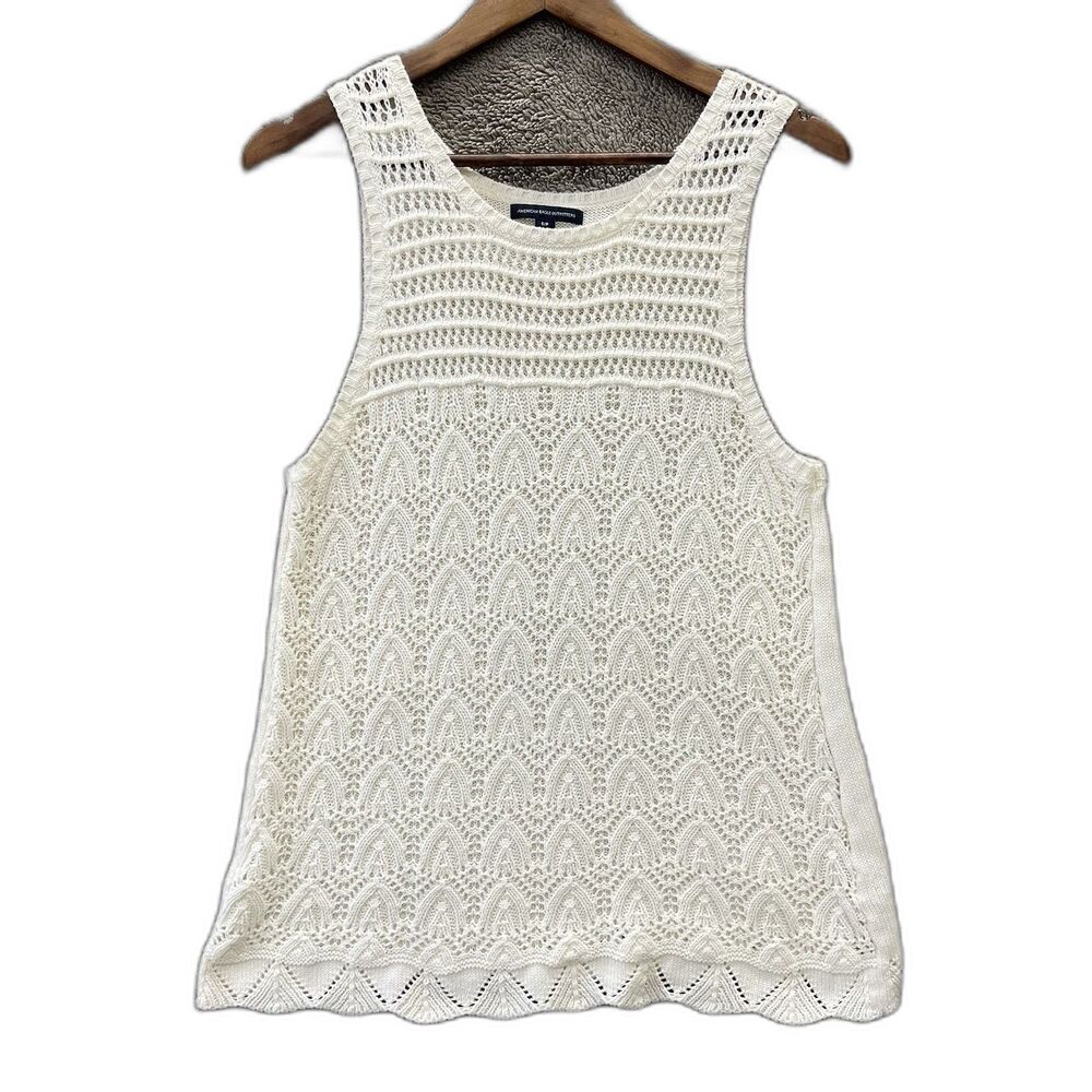 American Eagle Women's Cream Crochet Knit Sleeveless Sweater Tank Sz S Romantic
